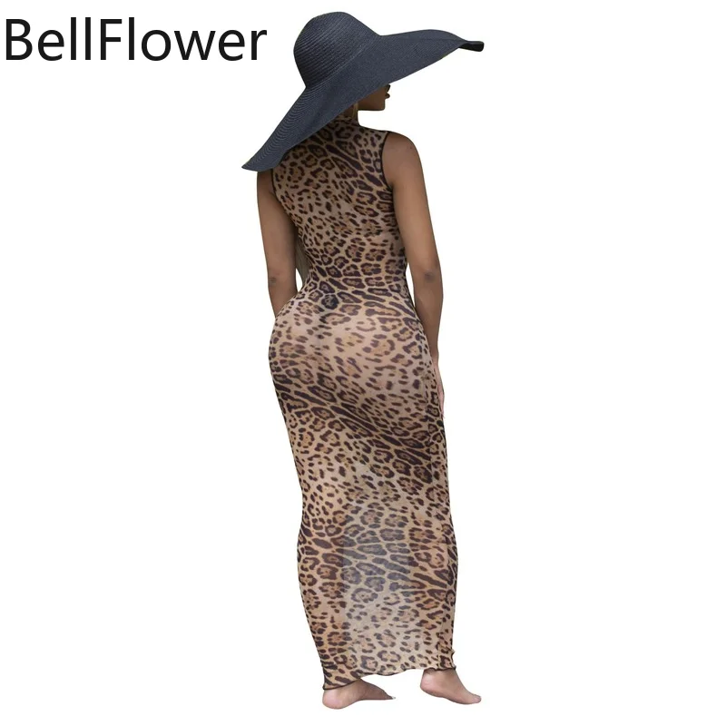 

Leopard maxi dress women see through sexy Beach Style Tank Pullover Sleeveless Net yarn plus size clothing woman Smocked Dress