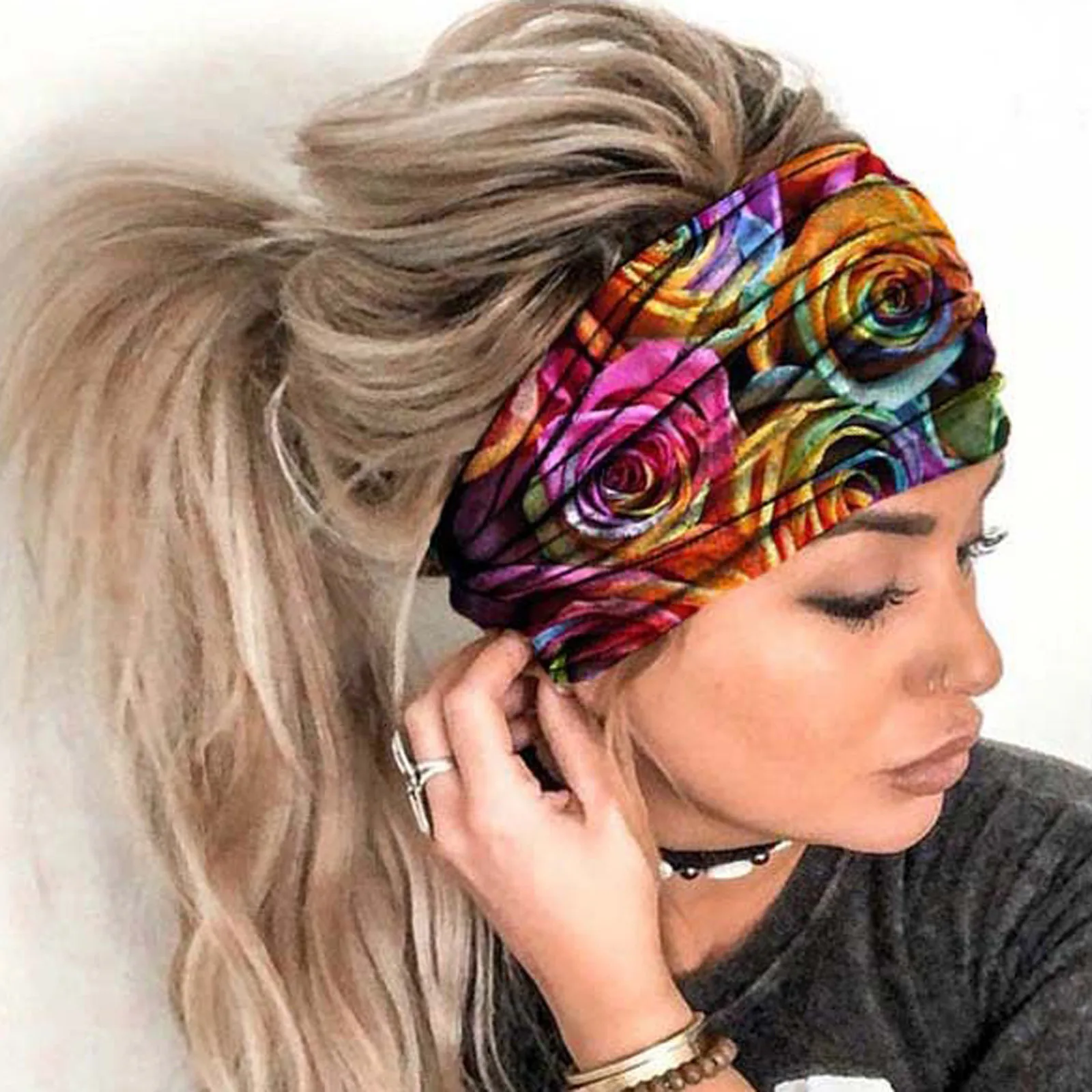 Boho Stretch Headwrap Women Rose Flower Print Headband Elastic Head Wrap Hair Band Bandana Headband Wide Scarf Turban 2022