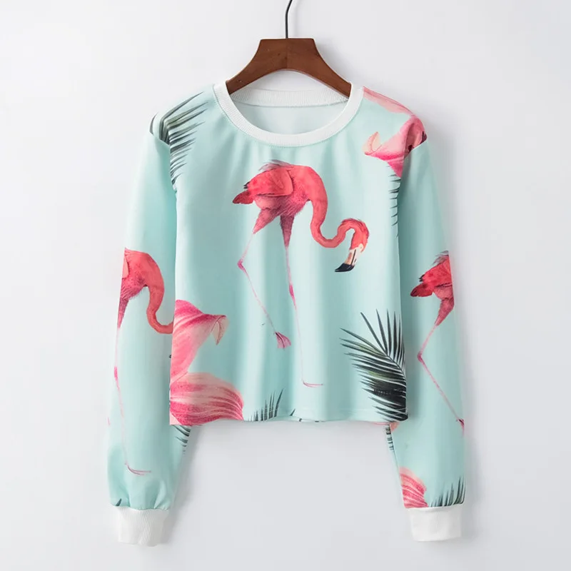 Женский пуловер с круглым вырезом принтом фламинго и листьев|Женские толстовки