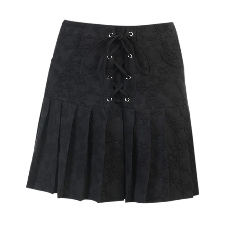 

InsDoit Goth Black Pleated Skirt Women Summer Harajuku Vintage Sexy Skirts Aesthetic Elegant Fashion Lace up High Waist Skirt