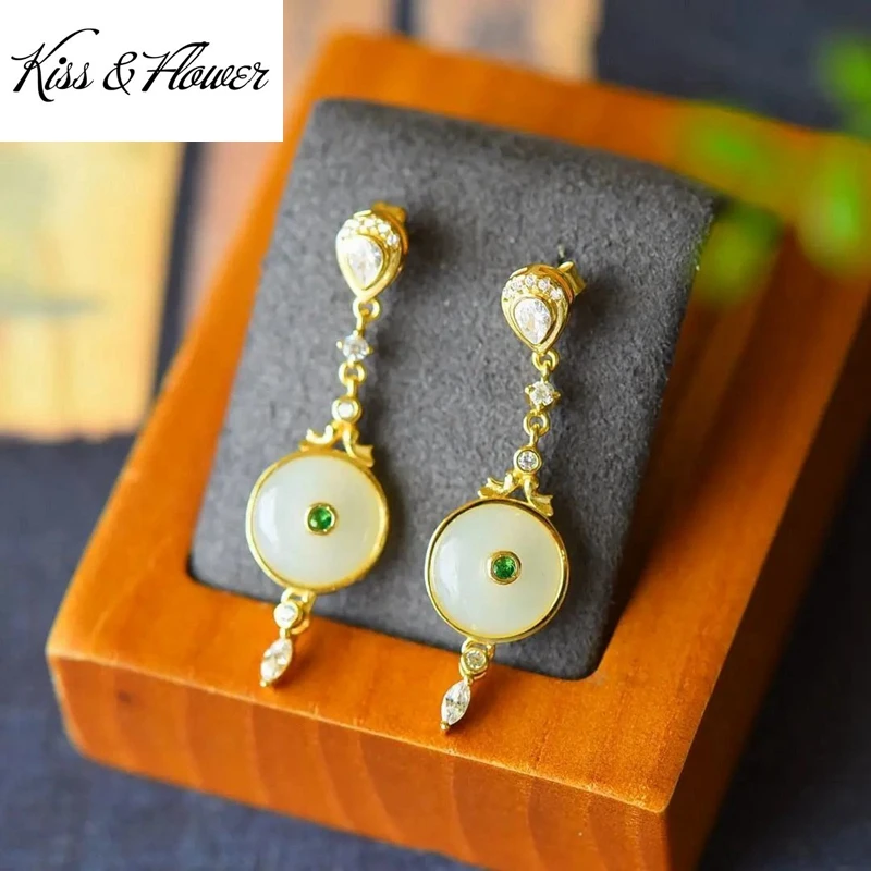 

KISS&FLOWER ER387 Fine Jewelry Wholesale Fashion Woman Bride Mother Birthday Wedding Gift Round Jade 24KT Gold Stud Earrings