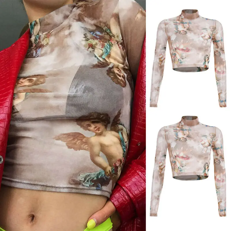 2019 New Arrival Women Girls Sexy Mesh Sheer Crop Top Long Sleeve Print Bodycon Cupid Transparent T-Shirt Tee Tops | Женская одежда