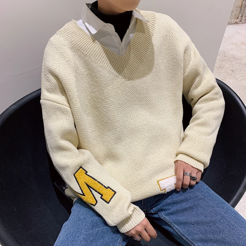 2020 зимний мужской шерстяной свитер с буквенным принтом и v-образным вырезом