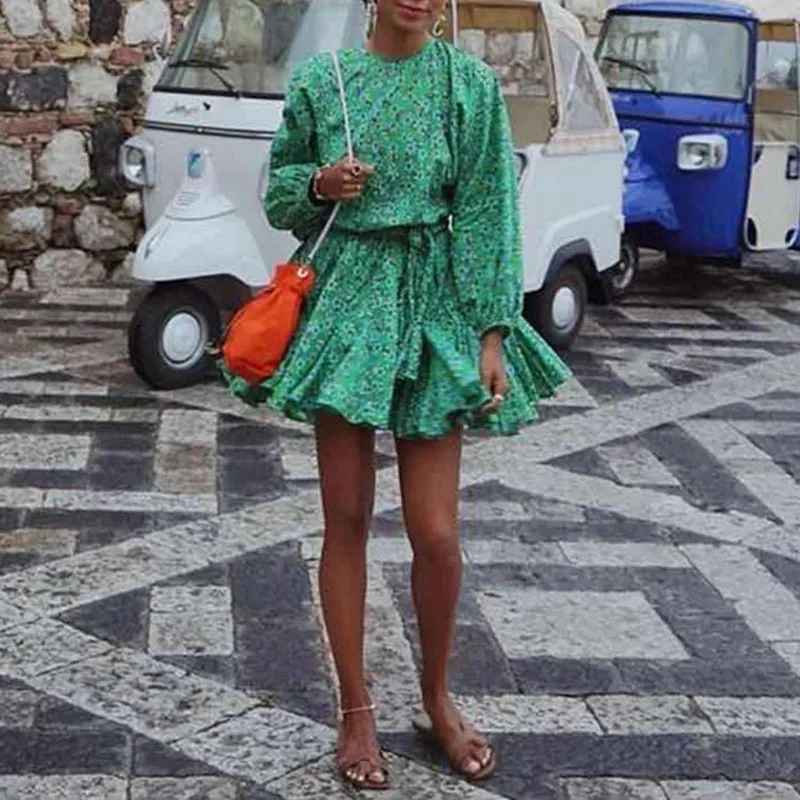Новое поступление 2020 зеленое/желтое милое платье с цветочным принтом|Женские