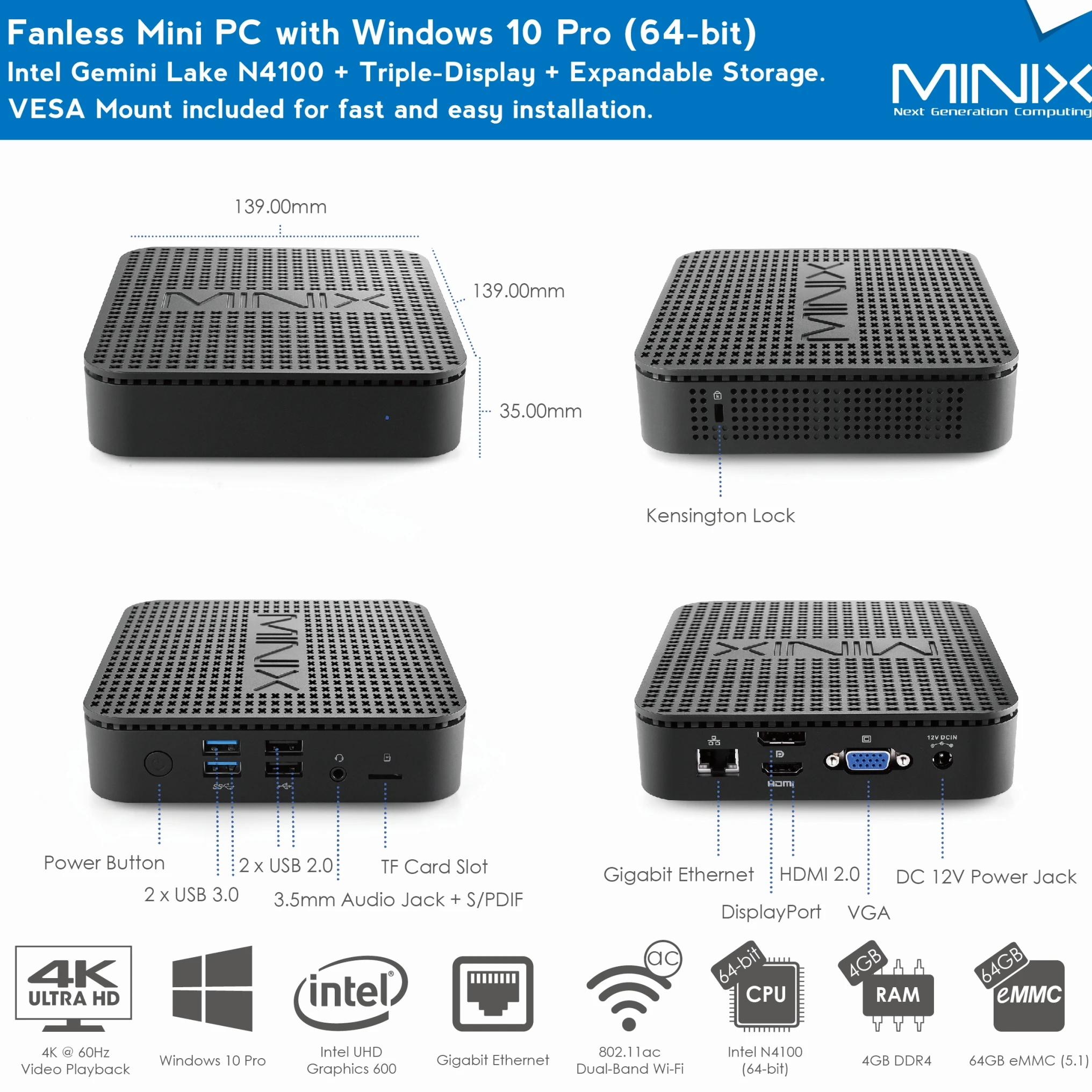 MINIX NEO G41V-4 Intel Gemini Lake N4100 Ultimate безвентиляторный мини-ПК с Windows 10 Pro комплексный