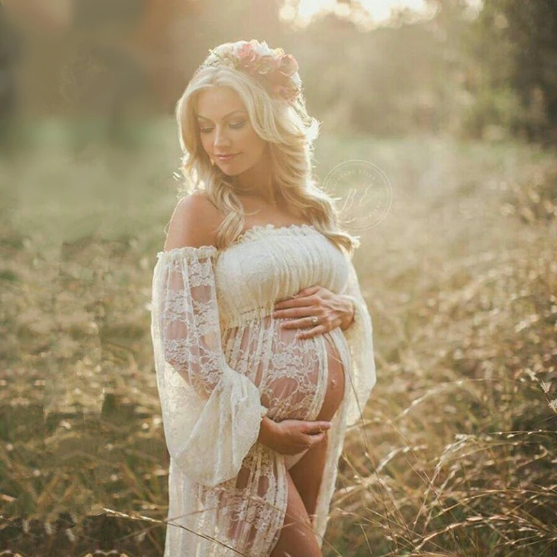 

Maternity Photography Maxi Dress Slit Open Slash Neck Lace Pregnancy Photo Shoot Long Dress
