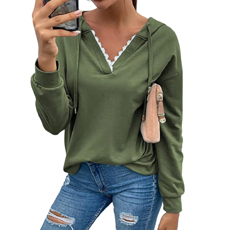 

High Quality Fashion Women Crop Top Hoodie Loose Long Sleeves Solid Color V-Neck Hoodies Autumn Pullover