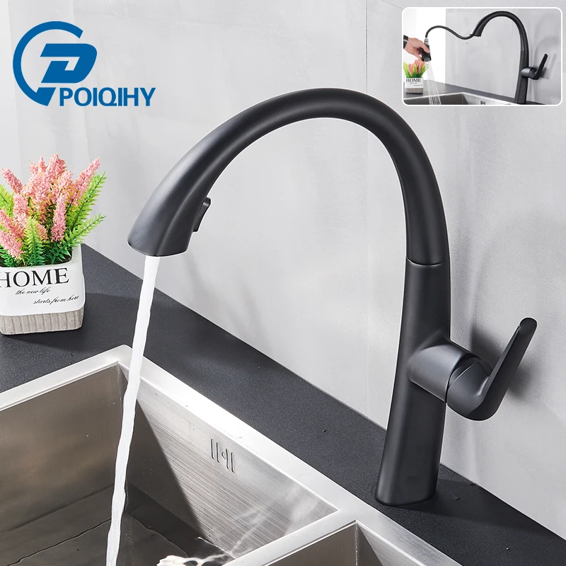 Matte Black Pull Out Kitchen Faucet Chrome 360 degree rotating Elegant Kitchen Sink Faucets Dual water modes Hot Cold Mixer Tap
