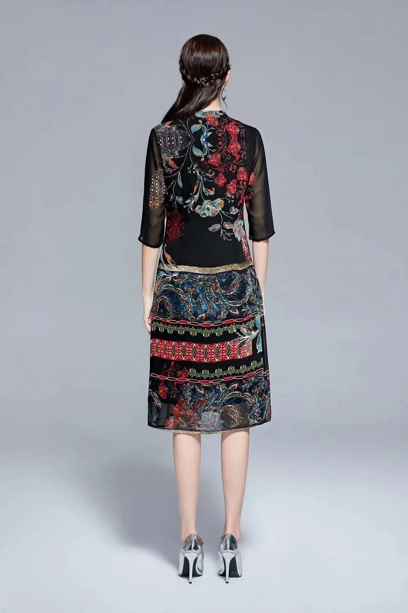 

Vestido XXXXL Dress De Fiesta 2021 Spring Summer Plus Size Clothing Women Vintage National Style Print 3/4 Sleeve Midi Dress 60s