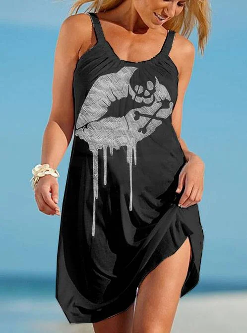 

Sexy Mouth Print 3d Midi Dress Women Bohemian Strap Beach Dresses Faldas Womens Dress Female Clothes Camisole Slim Vestidos Girl