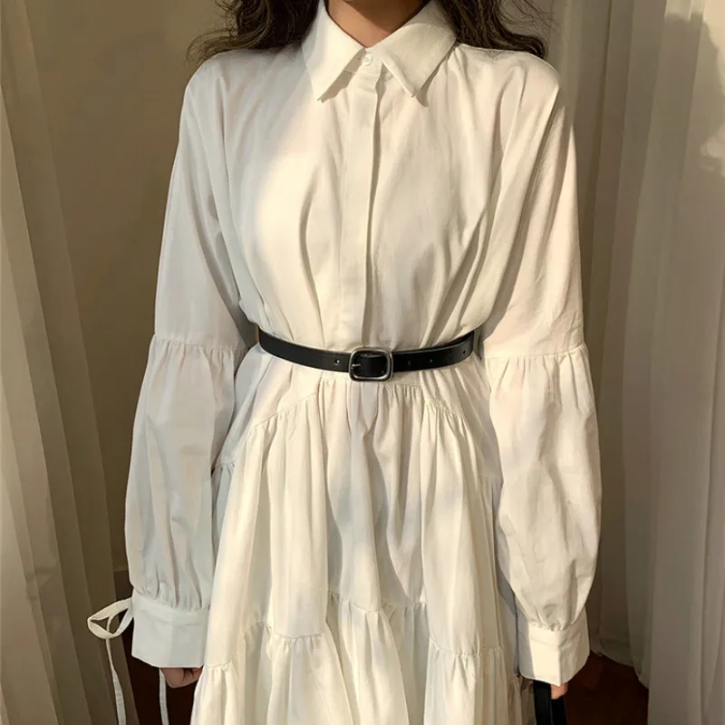 

Collar Long Sleeve Vestidos Loose Drawstring Solid Dresses Korean Chic Women Dress Summer 2021 Retro Turn-Down