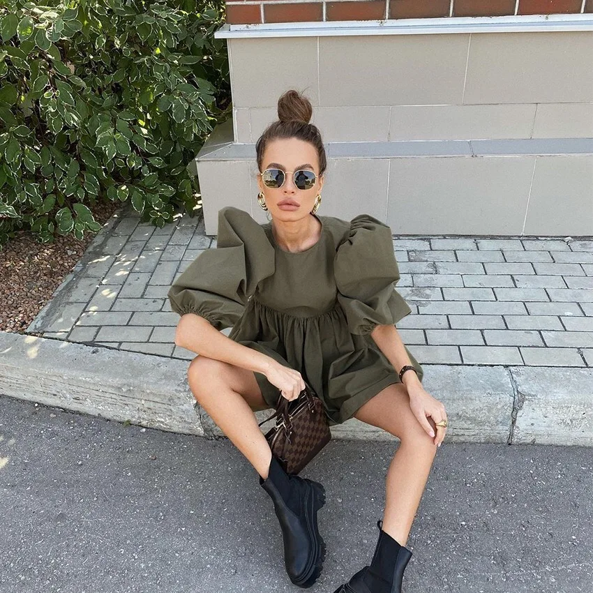 

Fashion O Neck Casual Women Dress Lantern Short Sleeve Solid Pink Mini Dress Ladies Elegant A Line Summer Dresses Cotton 2021