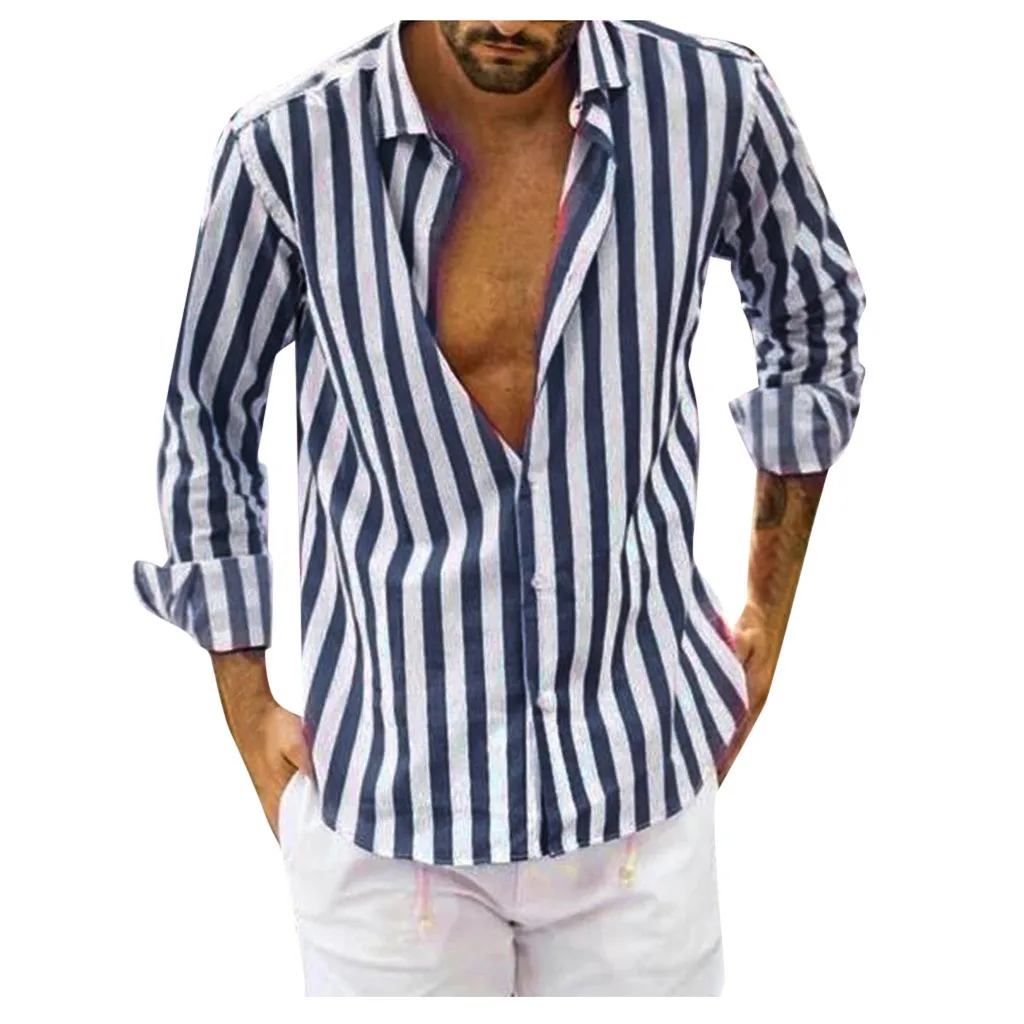 Мужская рубашка, гавайская, летняя, Camisas Hombre, уличная, короткий рукав, в полоску, мужские рубашки, Повседневная, облегающая, блузка, топы, Blusa Masculina - Цвет: E