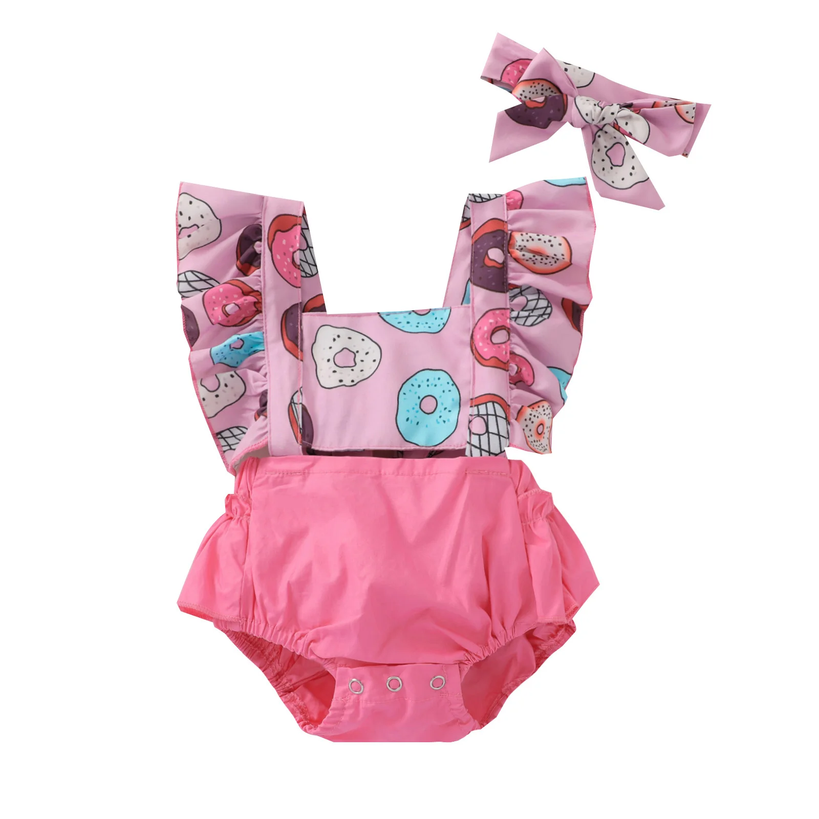 

Toddler Baby's Clothes Girls 2Pcs Summer Outfits Cute Doughnut Print Ruffle Sleeve Romper With Headband Children's Clothing Set