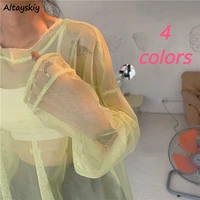 4 colors solid blouses women mesh perspective korean chic trendy sexy leisure all match simple ulzzang female tops ins summer