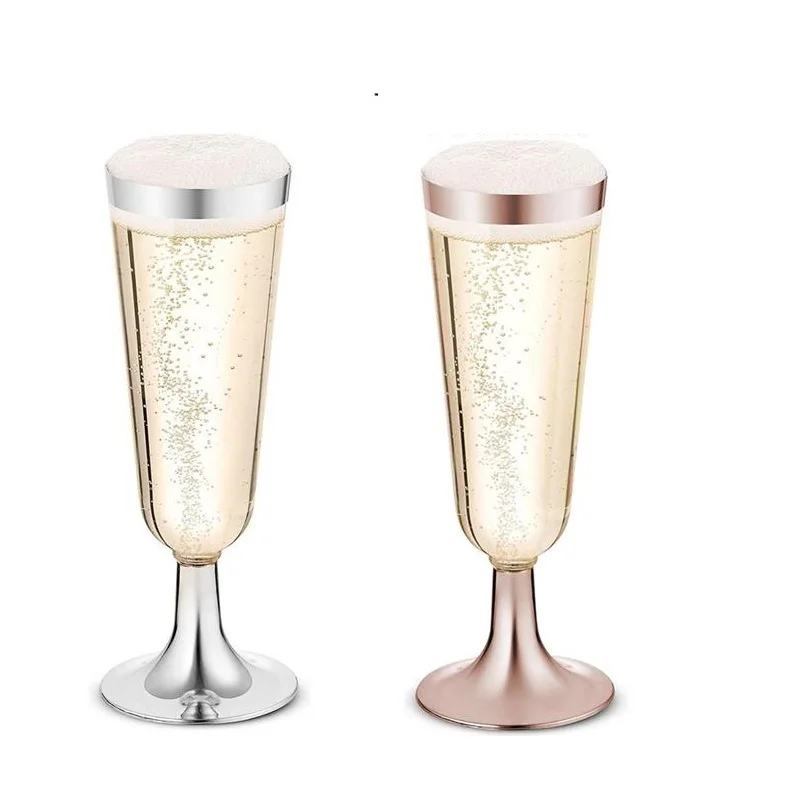 

25/50/100pcs Plastic Rose Gold Rimmed Champagne Flutes 5.5 OZ Clear Hard Disposable Party Wedding Cups Fancy Toasting Glasses
