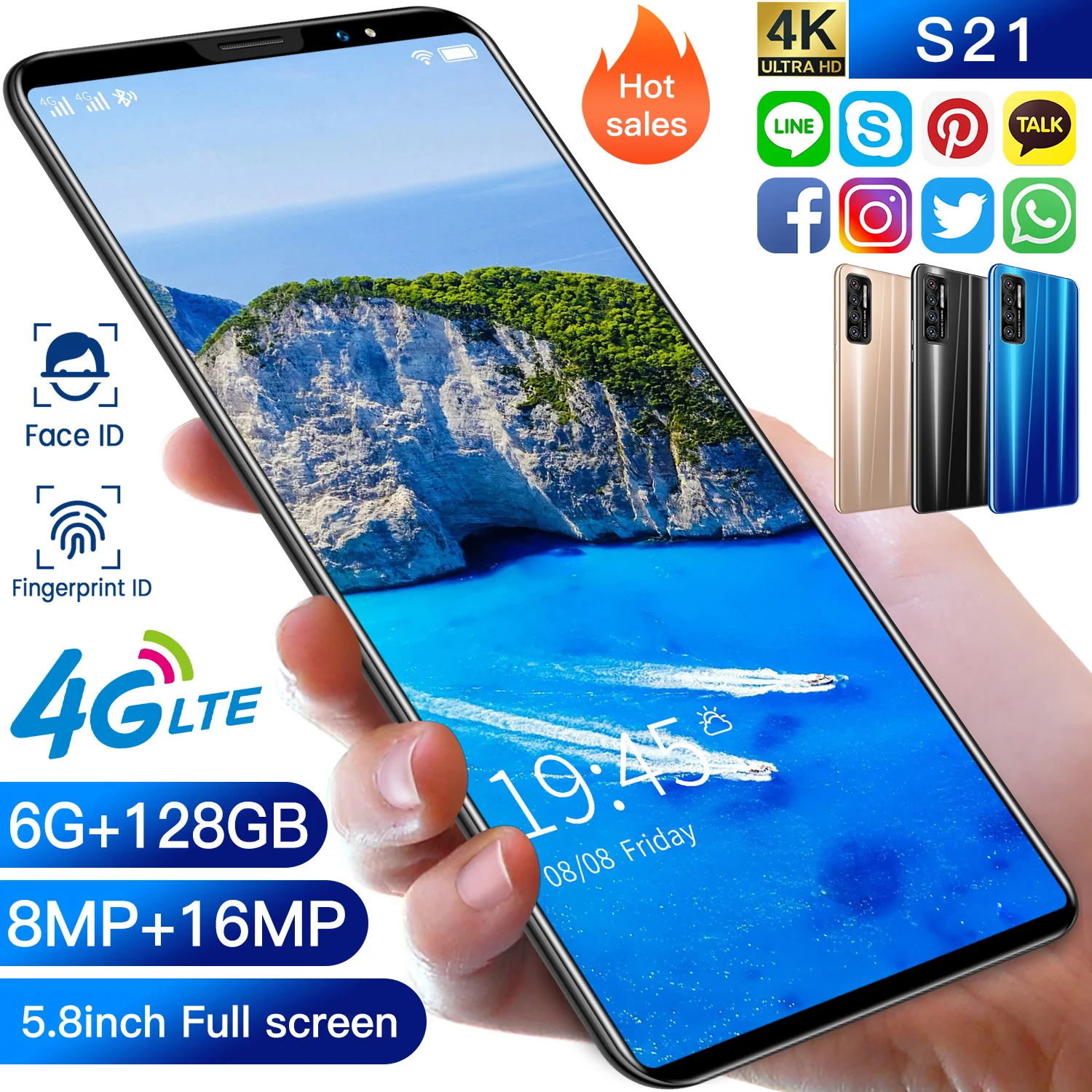 

2021 Global Version S21 Smartphone 5.8Inch 6+128GB 4500mAh Android 10 Dual SIM Dual Standby Support Face ID 5G Android CellPhone