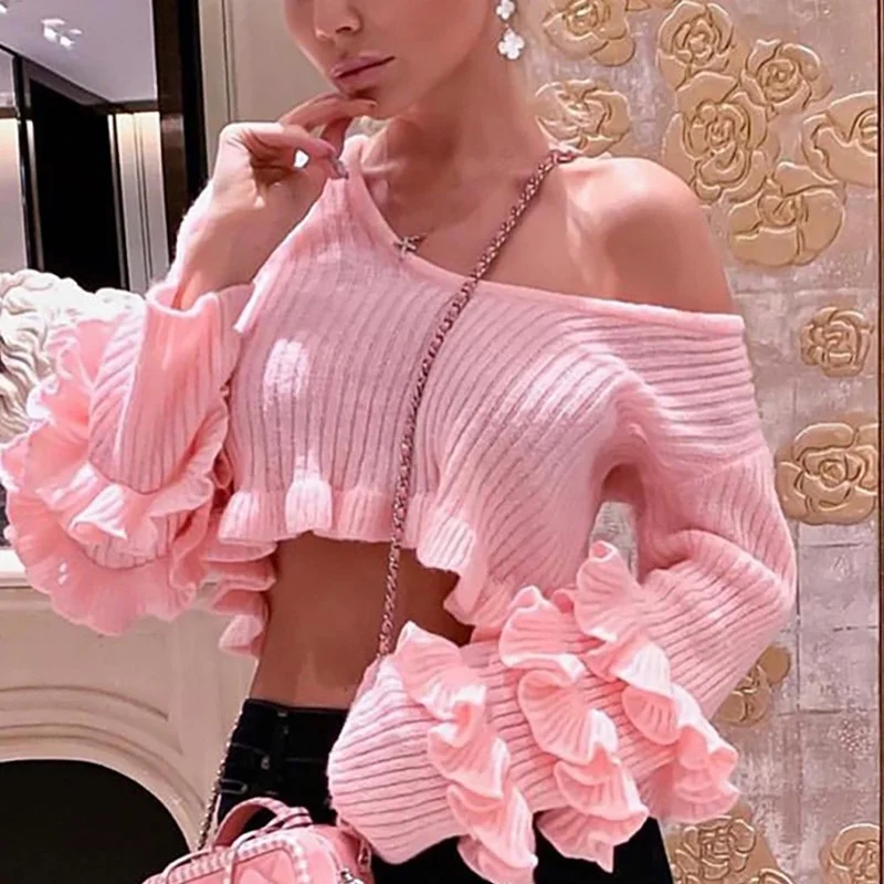 

2021 Autumn and Winter Sexy Off-shoulder Ruffled Knitted Sweater T-shirt Female Solid Color Cute Short Pink Crop Sweater