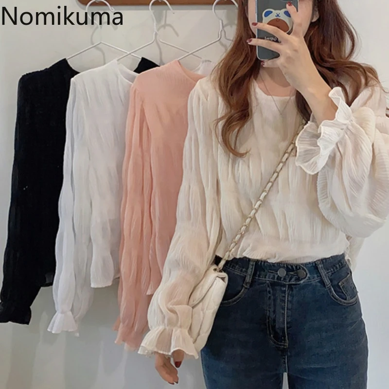 Блузка Nomikuma Blusas Mujer осенняя новая Корейская рубашка с круглым вырезом и длинным