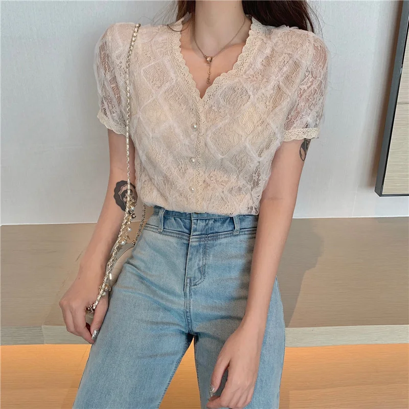 Lace Mesh Blouse Women Slim-fit V-Neck Women Tops and Blouses Single-breasted Shirt Elegant Loose Vintage Apricot Shirts Chic
