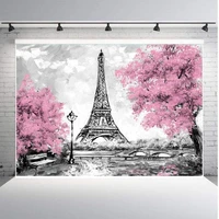 pink flowers trees eiffel tower background gray paris photo studio props banner wedding theme party photography backdrop