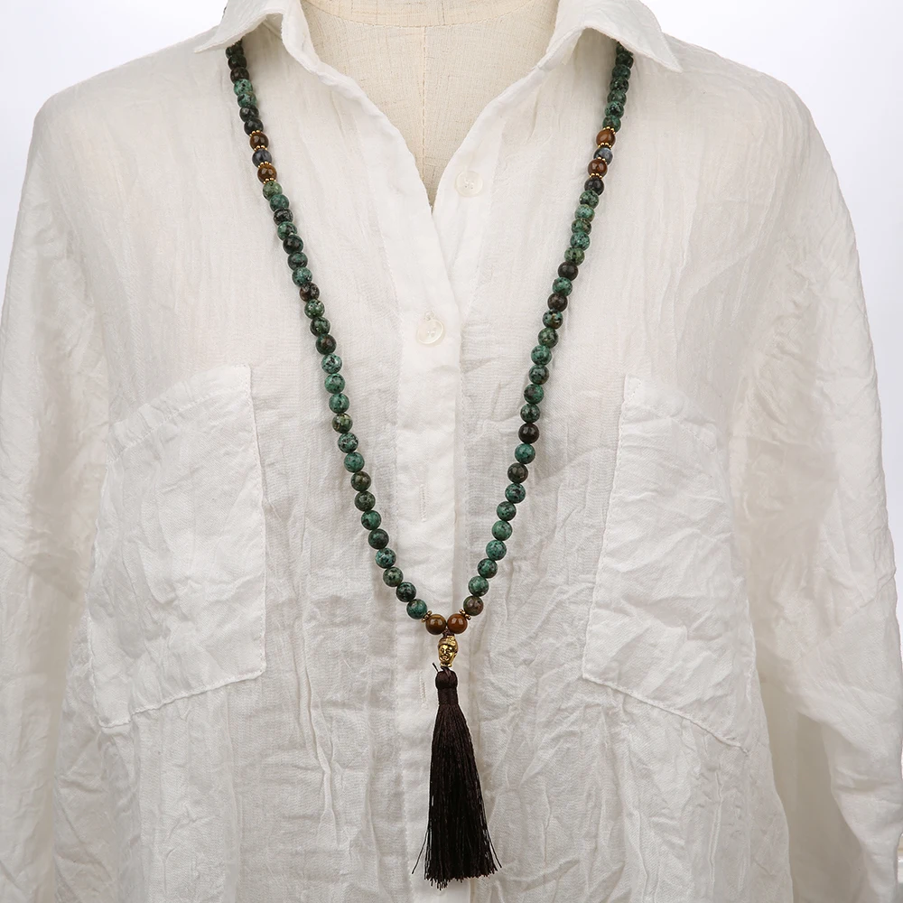 OAIITE 108 Beads African Turquoise Tiger Eye Stone Necklace Golden Buddha Head with Long Tassel Knotted Mala Jewelry | Украшения и