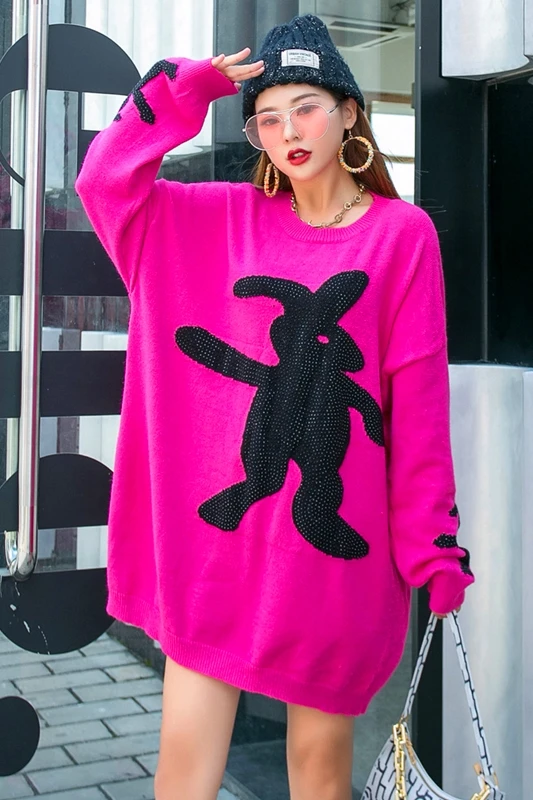 

QING MO Red Diamond Rabbit Print Sweater Women 2020 Autumn Winter Sweater Pullover Knitted Sweater Cartoons Casual Coat LHXX351