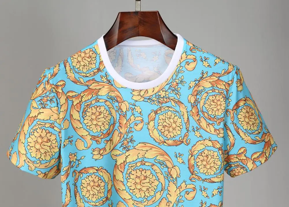 Футболка мужская с цветочным принтом брендовая модная уличная одежда коротким