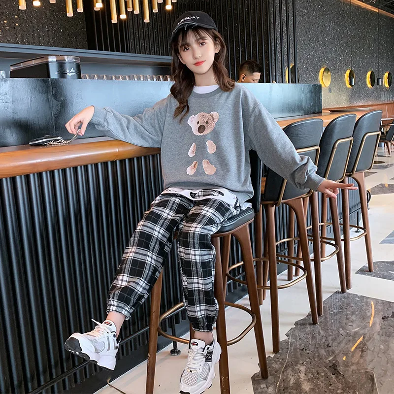 Children Tracksuits Girl Cartoon Sweatshirt + Plaid Pants Set Loose Fashion Sportswear Outfit Spring 2022 New Street Sport Suit  - buy with discount