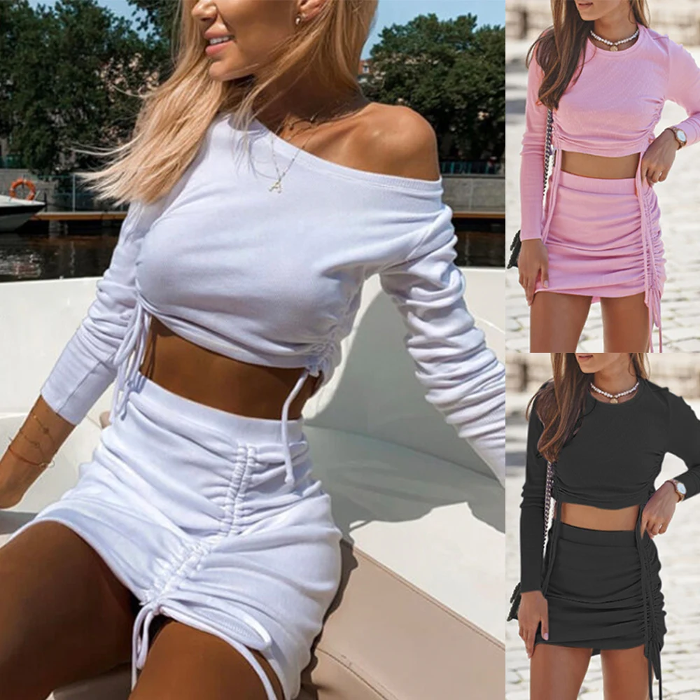 

Autumn Women Fashion Round Neck Long Sleeve Crop Top + Ruched Drawstring Sexy Slim Mini A-line Skirt Two Piece Solid Color Sets