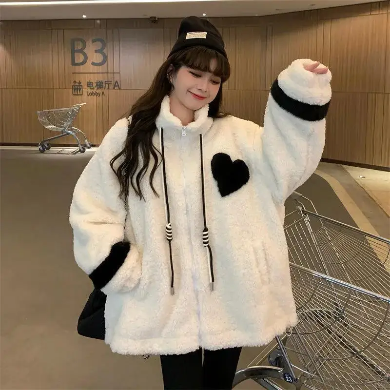 

Women Sweatshirt Loose Simple Lambswool Soft Casual Love Stand Collar Zip-up Hoodie College Style Streetwear Chic New Sweatshirt