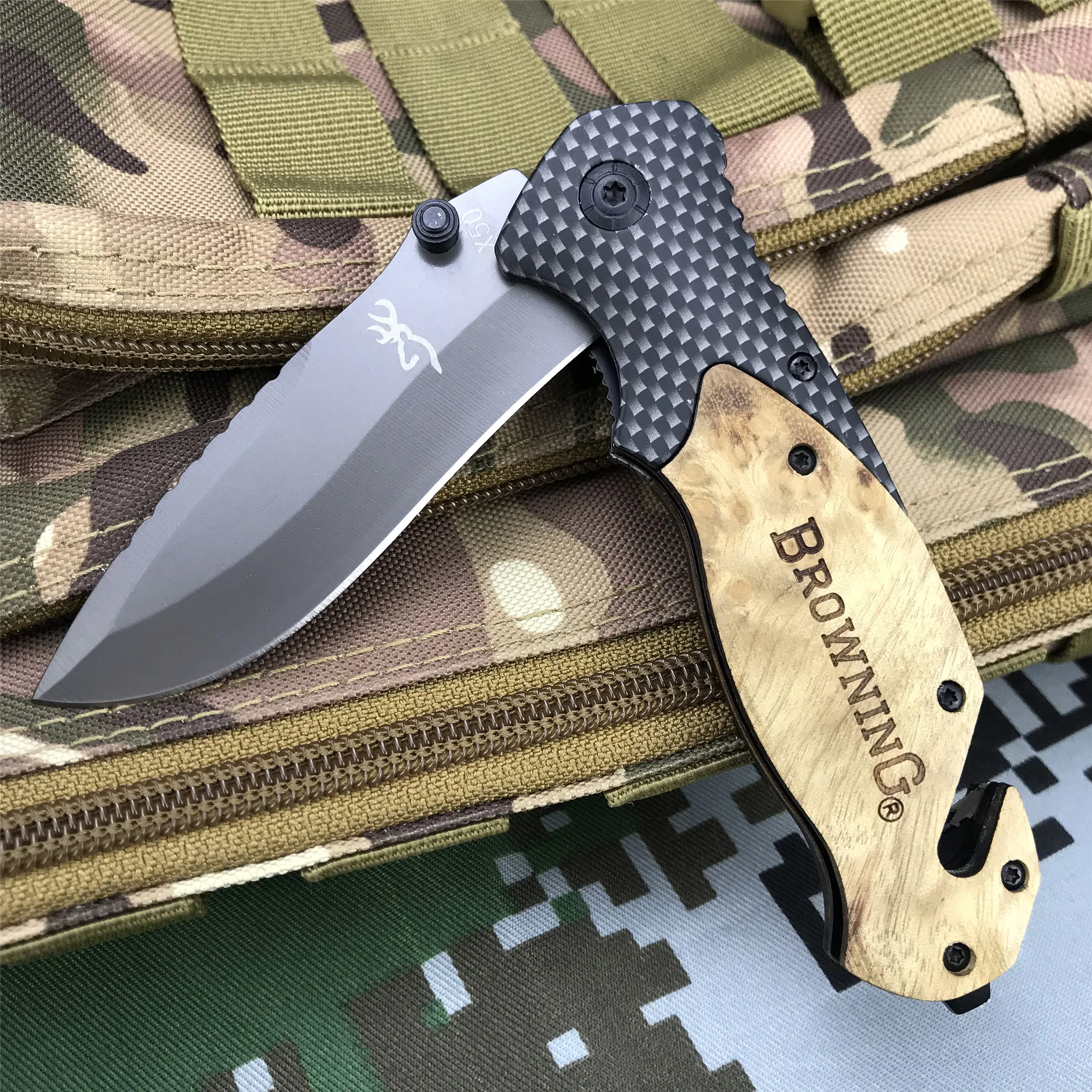 

Browning x50 Folding Blade Knife Gift Wood Military Combat Outdoor Camping Hunting Pocket Survival Tactical EDC Multi Knives