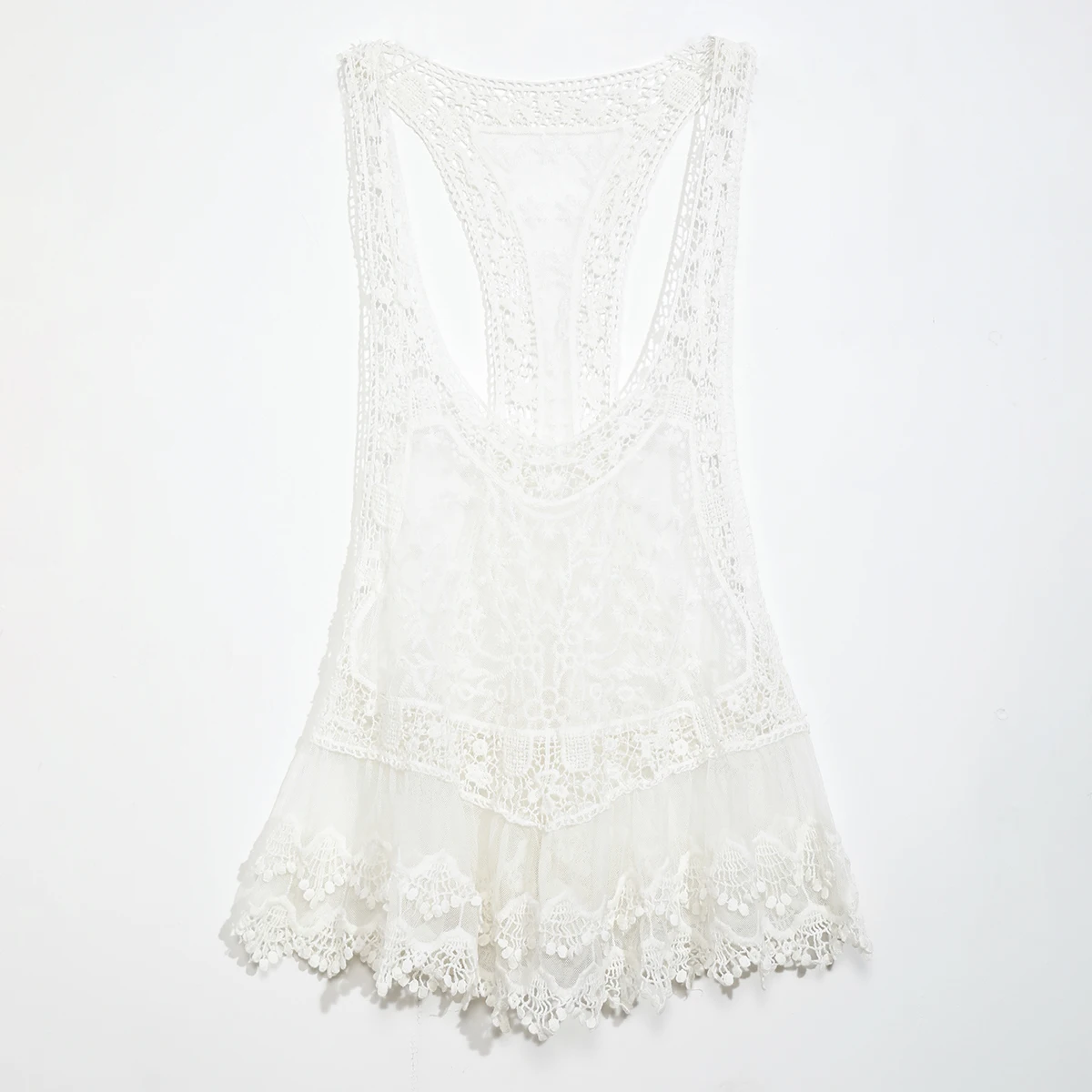 

Jastie Vintage Sweet Cute Casual Crochet Knit Floral Hollow Out Lace Vest Slim Bohemia Tops Blouse Handmade Beige Beach Cover Up