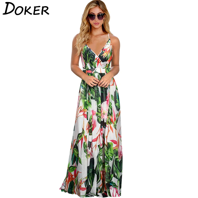 

Bohemian Spaghetti Strap Floral Deep V Neck Women Long Dress Casual Elegant Sexy Plus Size Beach Party Female Dresses