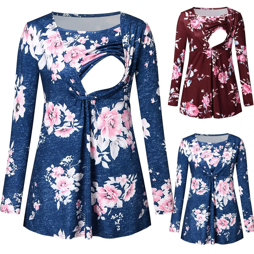 

Materniti Clothes Breastfeeding Clothes Pregnant Women Pregnant Nursing Maternity O-Neck Long Sleeve Printed Floral Blouse Tops