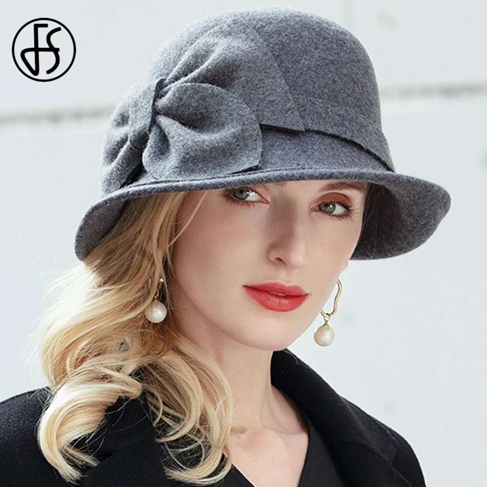 

FS Gray Wide Brim Wool Felt Dome Top Basin Fedora Hats Women Church Cloche Derby Hat Fedoras Bowler Cap Curling With Rope Bow