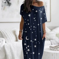 women short sleeve floor length dress summer star moon print long dresses ladies casual loose split maxi dress vestidos
