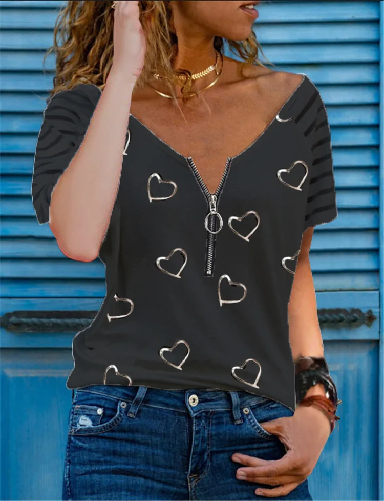 

Woman T-Shirt Summer Fashion V-Collar Printed Heart Tops Short T-Shirt Loose Short-Sleeved TeesShirt Pure Color Casual Tank Top
