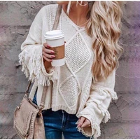 beige tassel sweaters women 2021 fashion vintage loose knitted v neck tops autumn winter casual flare sleeve sweater pullovers