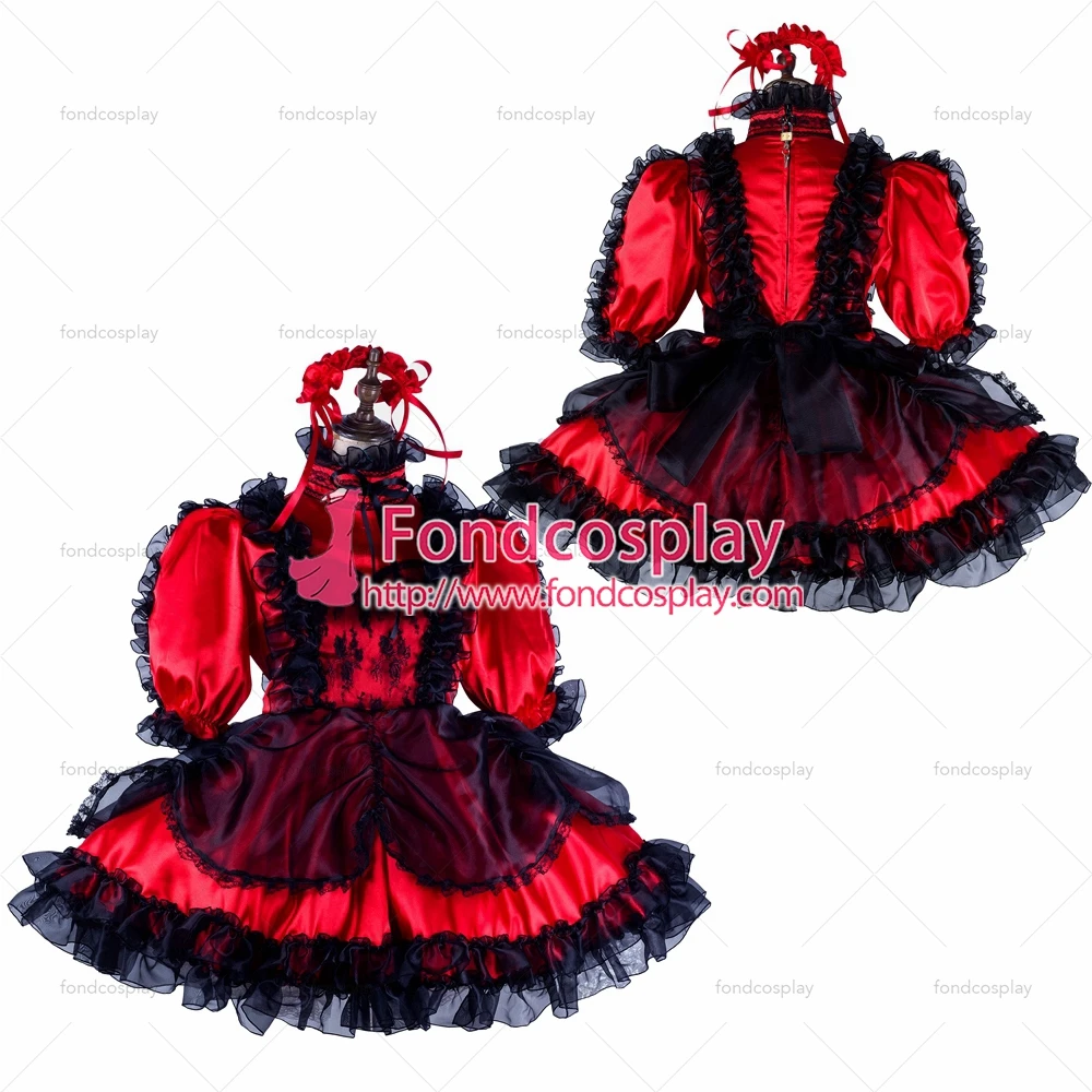

fondcosplay adult sexy cross dressing sissy maid short red satin dress black organza lockable Uniform costume Tailor-made[G2131]