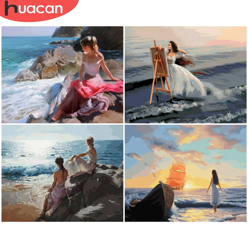 

HUACAN масло Краски ing по номерам вручную женская обувь Краски ed современного искусства стены Краски Раскраска по номерам на берегу моря пейза...