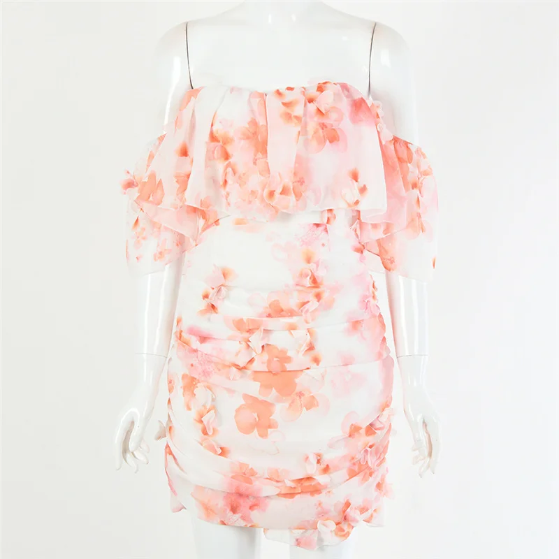 

Floral Print Sexy Summer Boho Dress Women Off Shoulder Bodycon Mini Dress Elegant Ruffles Beach Party Vestidos 2021