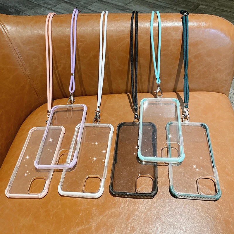 

Fashion Glitter Crossbody Strap Lanyard Clear Case For iPhone 12 Mini 11 Pro Max XR XS X 7 8 Plus Necklace Carry Soft TPU Cover