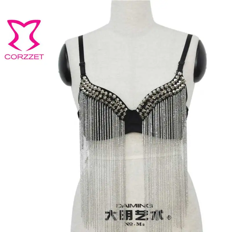 Сексуальный черный бюстгальтер в стиле рок панк с кисточками и заклепками шипами