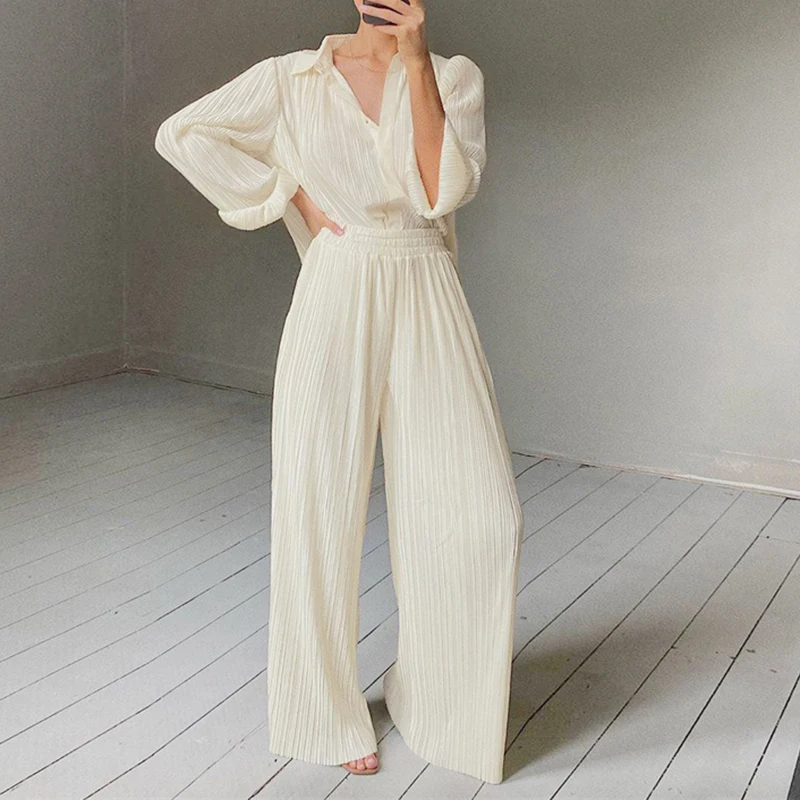 

Solid Ruched Two Piece Set For Women Lapel Long Sleeve Top High Waist Full Length Straight Pant Loose Sets