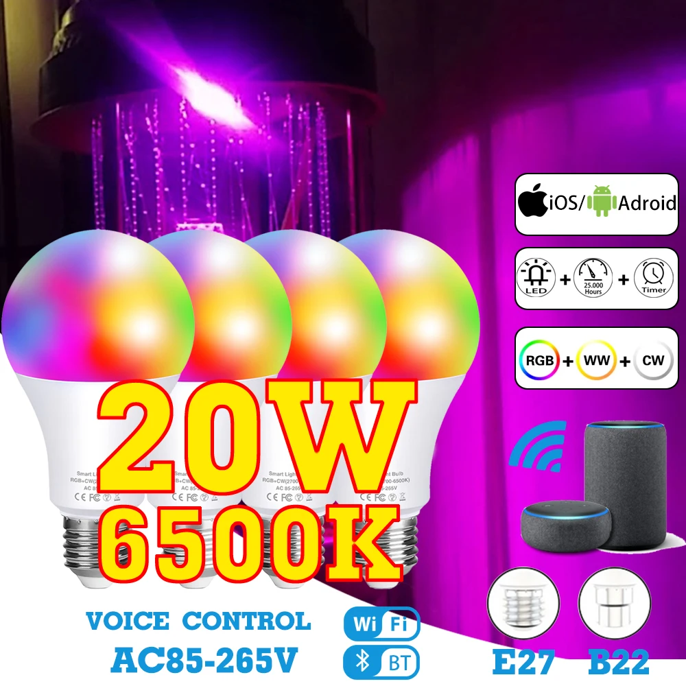 

Умная Светодиодная лампа с Wi-Fi, E27, RGB, с дистанционным управлением