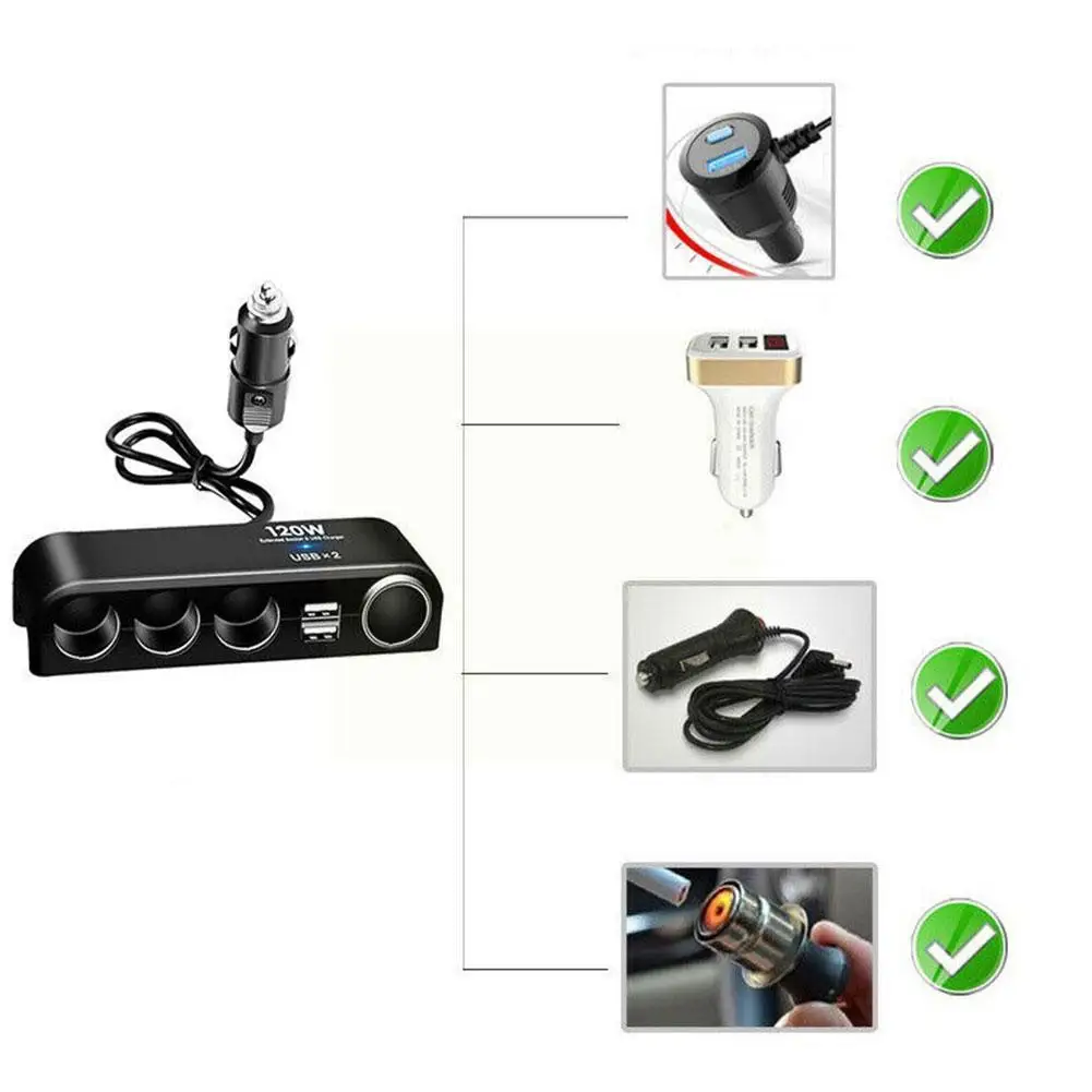 

Universal 12V 24V 4 Way Cigarette Lighter Multi Socket Adapter Charger Interior USB