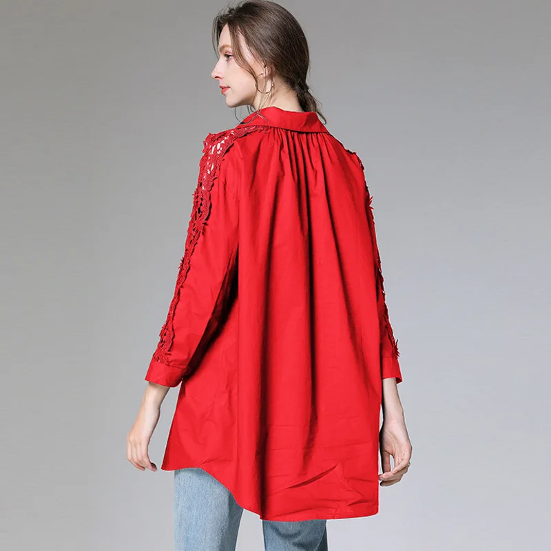 

2021 Spring Plus Size Women Shirt Female Blouse Tops Lace Hollow Out Long Sleeve Casual Turn-down Collar Loose Women Blouses