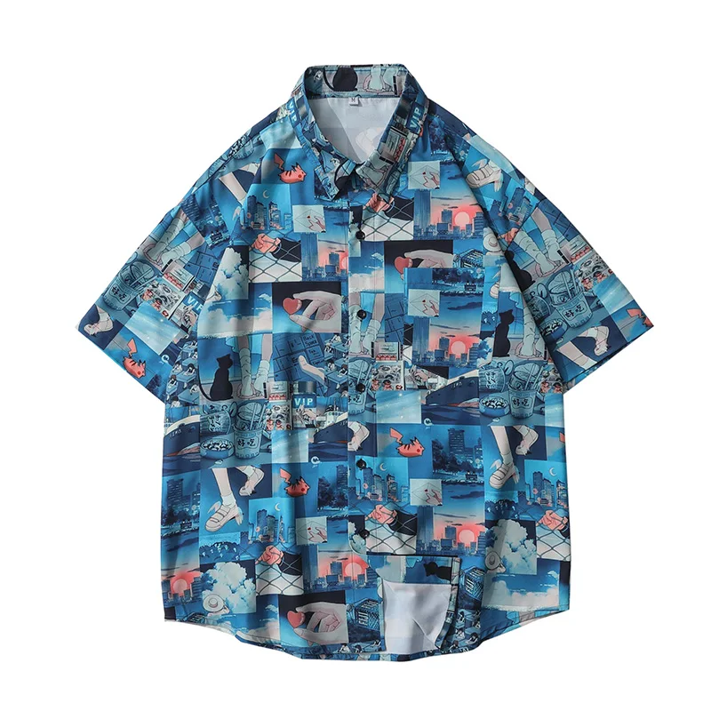 

Men's short-sleeved shirt 2021 new summer loose casual button cardigan creative cartoon anime pattern printing lapel top
