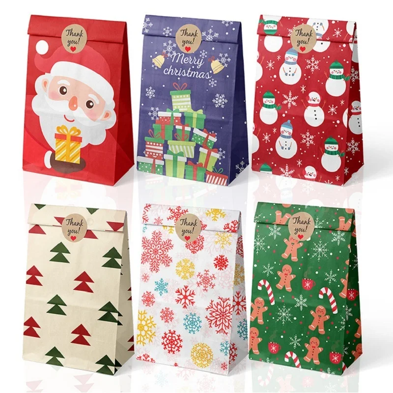 

24pcs Christmas Kraft Paper Bags Festival Gift Packaging Bag with Advent Calendar Stickers Cookie Candy Packaging Party Supplies